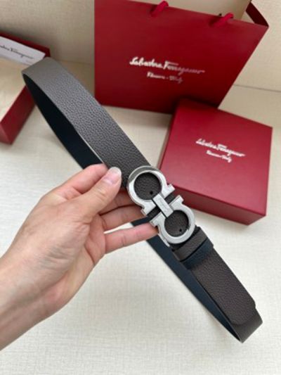 1:1 Ferragamo  Chocolate&Black Leather Belt  Smooth with Silver Logo buckle  3.4cm